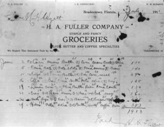 A 1911 grocery bill from the H.A. Fuller Company to Mr. M.H. Wyatt lists purchased items and their prices.